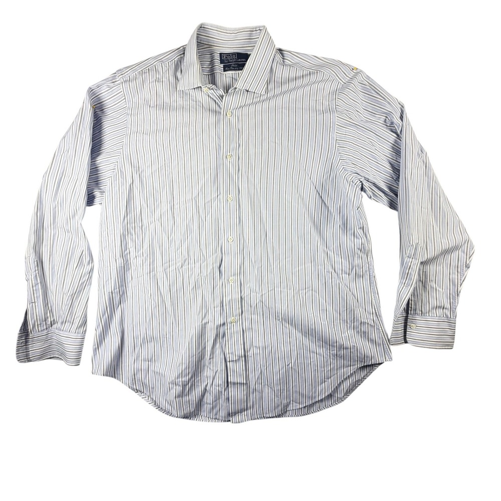 Polo Ralph Lauren Dress Shirt Men's 17 35 Blue White Striped Philip 100s - Picture 1 of 9